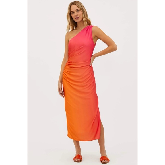 NWT Beach Riot x Anthropologie One Shoulder Midi Dress Satin Orange Pink XS - Picture 1 of 16